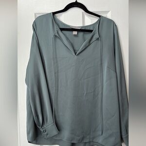 H&M Sage Split Neck Long Sleeve Blouse